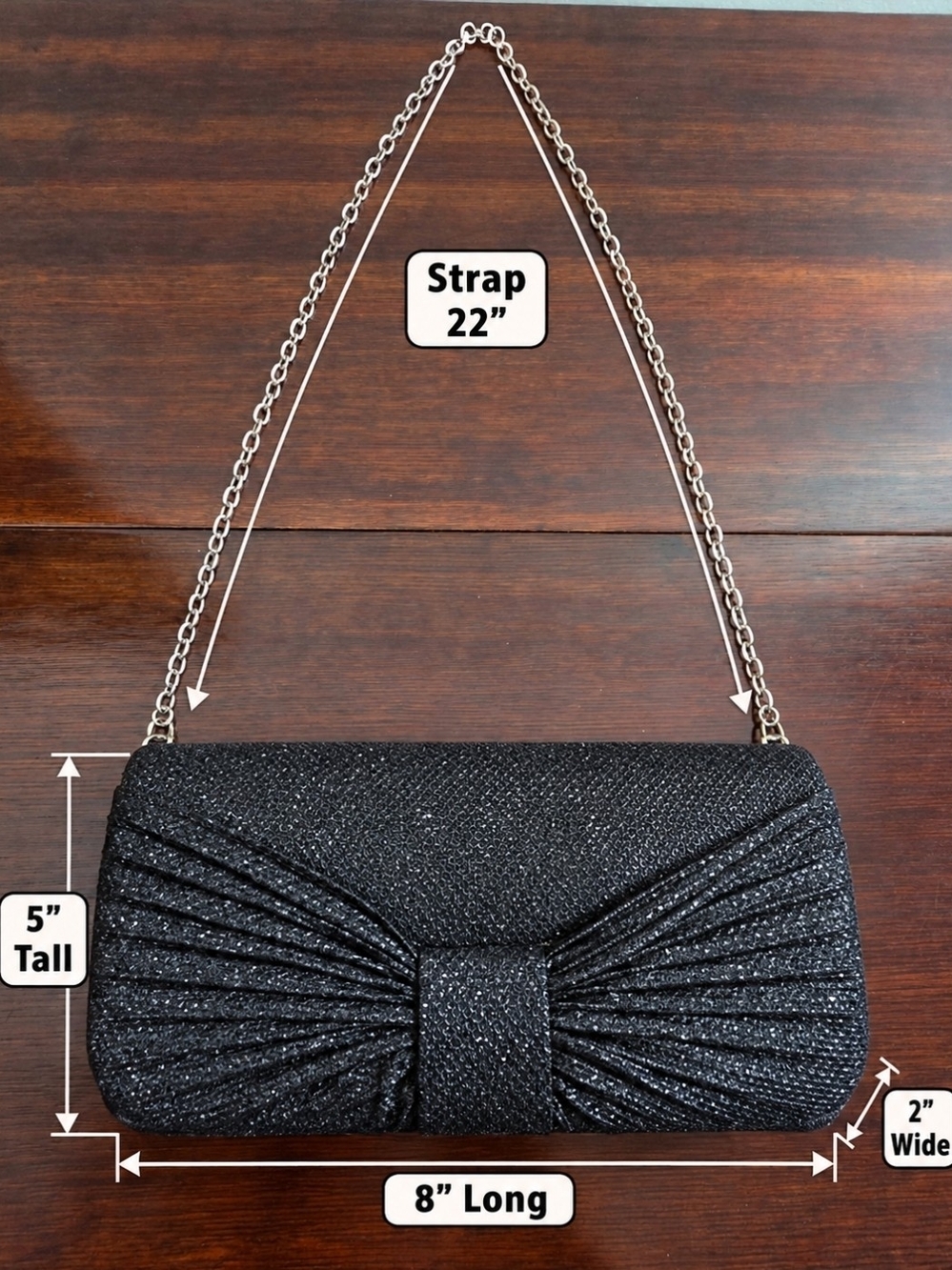 Black Glitter Bow Evening Clutch Purse Silver Chain Strap Brand New With Tags